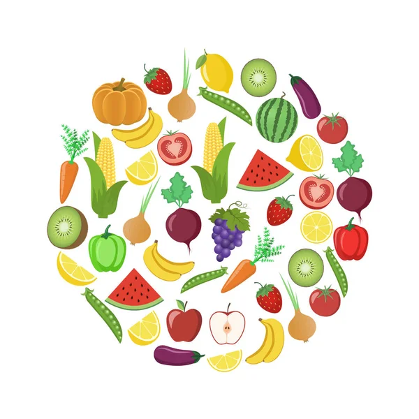 Zöldségek Gyümölcsök Görögdinnye Tök Sárgarépa Paradicsom Alma Hagyma Padlizsán Banán Vektor Grafikák