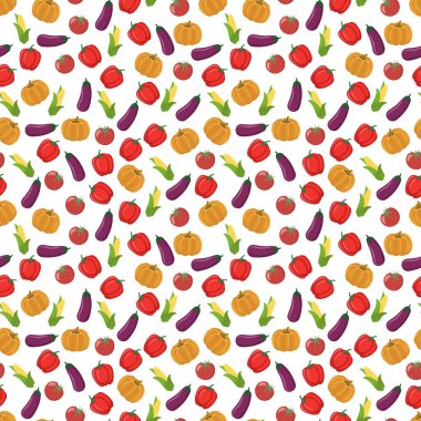 Kusursuz olgun kabak, patlıcan, mısır, domates ve tatlı biber deseni. Bu sebze tasarımı senin iş projelerin için. Kumaş ve dekor için ideal. Güzel vektör arkaplanı