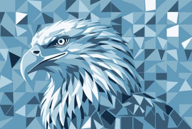 Mavi tonlarda bir kartal kafasının stilize edilmiş geometrik çizimi özgürlüğü, görüşü ve gücü simgeliyor. Modern soyut kuş sanatı