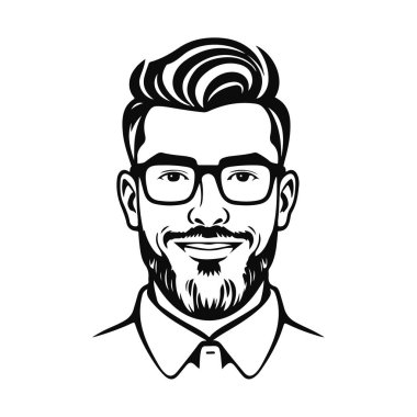 Erkek ikonu, iş adamı avatarı ikonu, ofis çalışanı ikonu, hipster yüz tasarımı, grafik erkek portresi, iş adamı avatarı, sakallı adam, ofis çalışanı, hipster yüzü, erkek portresi.