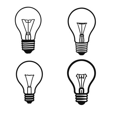 Set of light bulb icons in minimalist black outline style. Collection of electricity, innovation, and idea symbols. Vector illustration isolated on white background