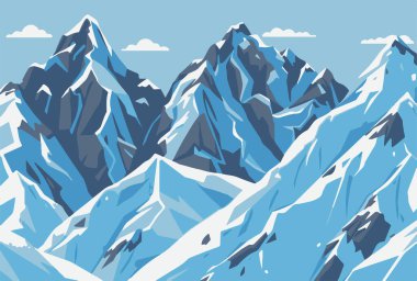 Yüksek karla kaplı dağ zirvesinin vektör çizimi. Keskin çıkıntıları ve arka planda bulutlu mavi gökyüzü.