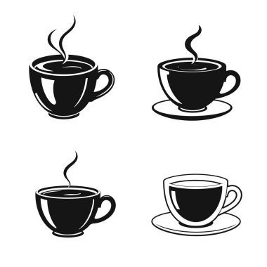 Sıcak kahve fincanı logosu koleksiyonu, dumanı tüten içecek ikonu, kafe içeceği illüstrasyonu, sabah espresso sembolü, siyah beyaz resim
