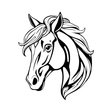 At logosu şablonu. Zarif yeleli bir at kafasının siyah beyaz silueti. Markalaşma, tasarım ve baskı için zarif minimalist logo