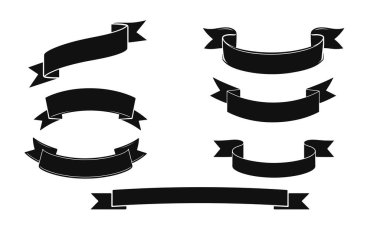 Siyah siluet tarzı, kıvrımlı ve katlanmış şekiller, klasik tomarlar ve etiketler, retro kurdeleler, vektör bayrakları, dekoratif parşömenler, klasik elementler.