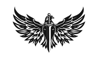 Kılıç logosuna sahip bir kartal, siyah siluette güçlü bir hanedan kuşunun amblemi, gücün ve cesaretin sembolü, savaşçı kartal, vektör logosu, kraliyet amblemi, askeri sembol.