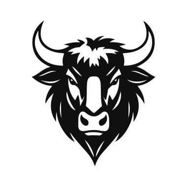 Boğa başlı logo, güçlü hayvan amblemi, kızgın boğa yüzü, boynuzlu canavar ikonu, vektör çizimi.