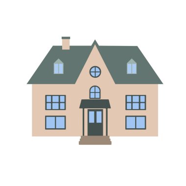 Koyu yeşil çatılı, mavi pencereli ve ön verandalı bej bir evin düz çizimi. Basit modern mimari tasarımı