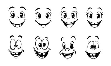 Büyük gözleri ve gülümsemeleri olan komik çizgi film yüzleri, duyguların siyah ve beyaz vektör karakterleri, çizgi film yüzleri, komik ifadeler, vektör emojisi, çocuk karakterleri.