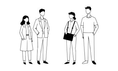 Bir grup insanın vektör illüstrasyonu, siyah-beyaz kadın çizimi, minimalist tasarım, insan silueti, kadın portresi, erkek portresi, çizim sanatı