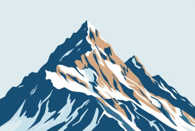 Yüksek karla kaplı dağ zirvesinin vektör çizimi. Keskin çıkıntıları ve arka planda bulutlu mavi gökyüzü.