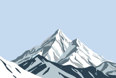 Yüksek karla kaplı dağ zirvesinin vektör çizimi. Keskin çıkıntıları ve arka planda bulutlu mavi gökyüzü.