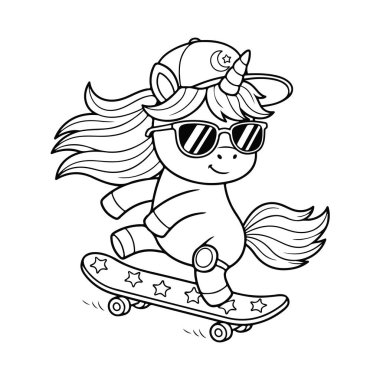 Şapkalı ve gözlüklü havalı bir tek boynuzlu at, boyama için bir çizgi. Spor, yaz, moda, çocukluk ve peri masallarının sembolü