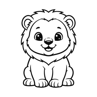 Siyah beyaz çizgili şirin aslan yavrusu, çocuk tasarımı ve boyama kitabı için pofuduk yeleli gülümseyen bebek hayvan, karikatür aslanı, yavru hayvan, aslan sanatı, şirin vahşi yaşam, çocuk illüstrasyonu
