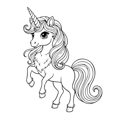 Siyah beyaz, şirin, tek boynuzlu bir at. Kocaman gözleri ve dalgalı yelesi var. Basit, eğlenceli bir tarzı var. Çizgi film tek boynuzlu atı, şirin tek boynuzlu atı, tek boynuzlu atı, fantezi hayvanı.