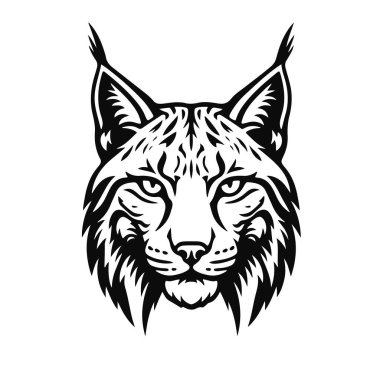 Keskin özelliklerini ve vahşi ifadesini sergileyen, tek renkli çizgilerle infaz edilen stilize edilmiş bir vaşak başı içeren bir logo. Vaşak kafası, vahşi kedi, yırtıcı logosu, hayvan amblemi, kedi sembolü.