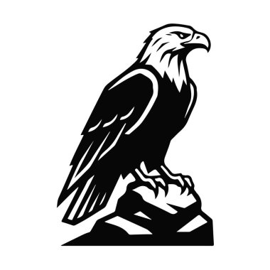 Kartal koyu siyah-beyaz bir kayanın üzerinde oturuyor, güçlü yırtıcı kuş logosu, kuş amblemi, vahşi kartal, kaya kartalı, güçlü kuş logosu