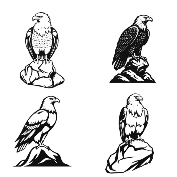 Bir kayanın üzerinde oturan kartallar, koyu siyah ve beyaz tarzda, güçlü av logosu - kartal logosu, kuş amblemi, vahşi kartal, kaya kartalı, güçlü kuş logosu