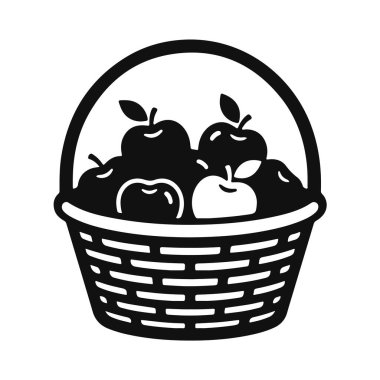 Basit vektör stili elmalarla dolu sepet, taze meyve toplama illüstrasyonu, elma sepeti, çiftlik elması, organik meyve sanatı, kırsal hasat tasarımı, doğal ürün.
