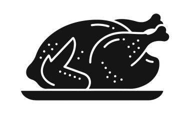 Black and white vector illustration of fried chicken on a plate. Fried chicken, food icon, cooked bird, holiday dish, kitchen graphic