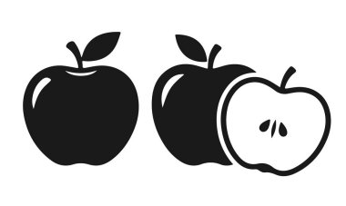 Elma ve yarısı pürüzsüz çizgiler ve taze meyve detaylarıyla temiz vektör tarzında dilimlenmiş. Elma çizimi, meyve dilimi, taze elma, vektör meyvesi, sağlıklı yiyecek