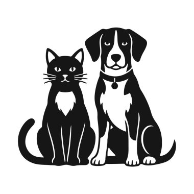 Bir kedi ve köpek tasviri. Evcil hayvanlar, sevimli hayvanlar, çizgi film hayvanları, kedi ve köpek, mutlu bir çift.