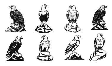 Bir kayanın üzerine tünemiş kartal koleksiyonu, koyu siyah beyaz bir tarzda, güçlü bir av logosu - kartal logosu, kuş amblemi, vahşi kartal, kaya kartalı, güçlü kuş logosu