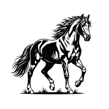 Dinamik pozisyondaki zarif at silueti, grafik tasarım için temiz hatlar. At silueti, at vektörü, at şekli, hayvan yapısı, vahşi at.