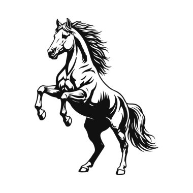 Kalın çizgileri ve dalgalı yelesi olan dinamik siyah at taşıyıcısı. Vahşi at, yetiştirici at, at silueti, at sanatı, at tasarımı