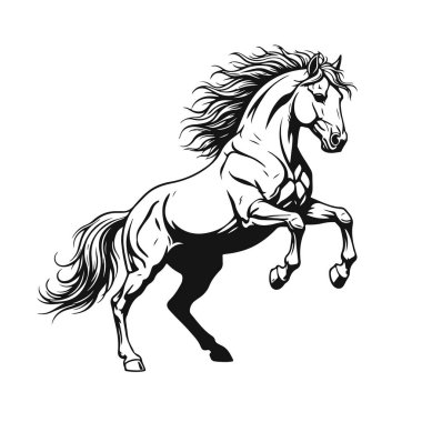 Kalın çizgileri ve dalgalı yelesi olan dinamik siyah at taşıyıcısı. Vahşi at, yetiştirici at, at silueti, at sanatı, at tasarımı