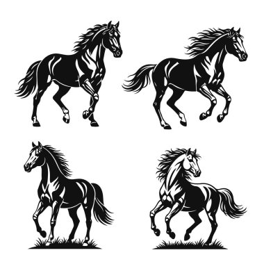 Temiz hatları ve dalgalı yeleleri olan bir at koleksiyonu. Vahşi at, aygır silueti, binicilik sanatı, at tasarımı.