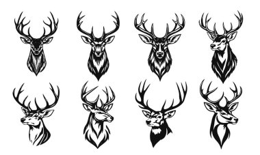 Geyik başlarından oluşan siyah-beyaz bir koleksiyon. Çeşitli şekil ve stillerde geyik boynuzları var. Kalın grafik siluetleriyle çizilmiş. Geyik başları, boynuz seti, vahşi yaşam simgeleri, geyik siluetleri, av sembolleri.