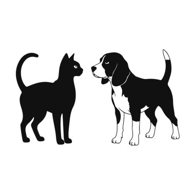 Bir kedi ve köpek tasviri. Evcil hayvanlar, sevimli hayvanlar, çizgi film hayvanları, kedi ve köpek, mutlu bir çift.