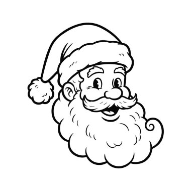 Noel Baba, karikatür tarzı, tüylü sakallı, klasik şapkalı, neşeli bir bayram karakteriyle. Noel Baba kafası, Noel Baba yüzü, Noel ikonu, tatil karakteri, festival sanatı