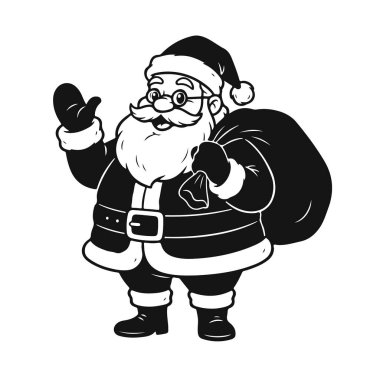 Siyah beyaz çizgi film stili Noel Baba, büyük bir hediye çantasıyla gülümsüyor. Noel Baba karikatürü, Noel çantası, Noel ikonu, tatil karakteri, festival sanatı