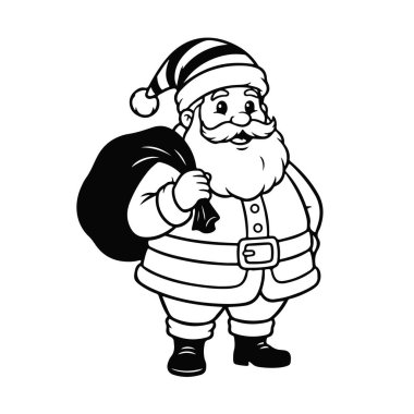 Siyah beyaz çizgi film stili Noel Baba, büyük bir hediye çantasıyla gülümsüyor. Noel Baba karikatürü, Noel çantası, Noel ikonu, tatil karakteri, festival sanatı