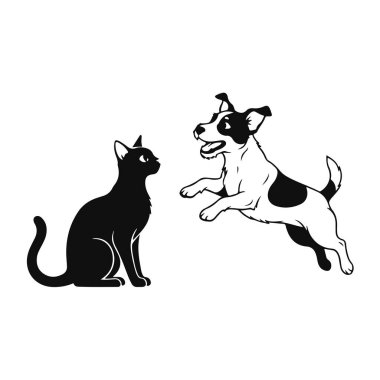 Bir kedi ve köpek tasviri. Evcil hayvanlar, sevimli hayvanlar, çizgi film hayvanları, kedi ve köpek, mutlu bir çift.