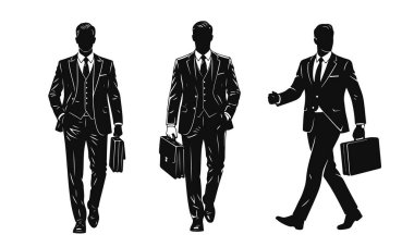 Takım elbiseli, yürüyen ve ayakta duran üç iş adamının siyah siluetleri. İş adamı, şirket tarzı, ofis çalışanı, resmi takım elbise, vektör illüstrasyonu
