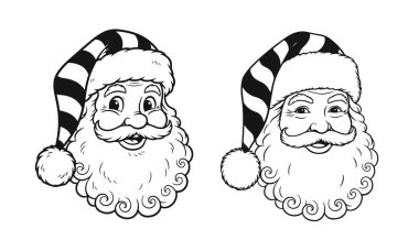 Noel Baba, karikatür tarzı, tüylü sakallı, klasik şapkalı, neşeli bir bayram karakteriyle. Noel Baba kafası, Noel Baba yüzü, Noel ikonu, tatil karakteri, festival sanatı