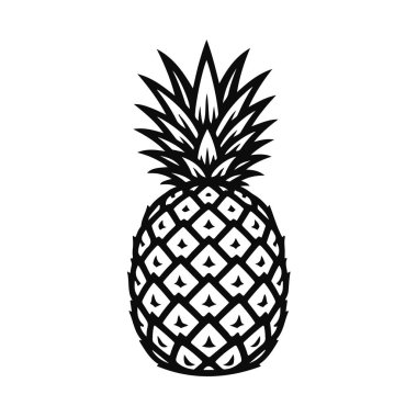 Siyah ve beyaz ananas. Temiz vektör ana hatlarıyla. Detaylı yaprakları ve desenli gövdesi var. Ananas ikonu, meyve çizgisi, tropikal sanat, egzotik meyve, sağlıklı yiyecek.