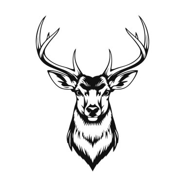 Geyik kafası silueti, geyik yüzü vektör çizimi, vahşi hayvan tasarımı, geyik logosu