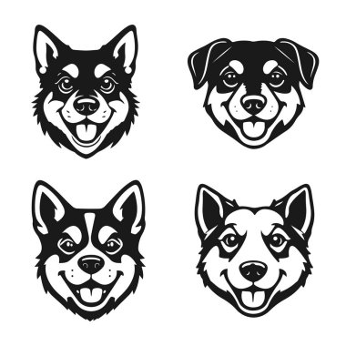 Farklı türlerden çoklu stilize köpek kafalarının siyah beyaz çizimi. Köpek kafaları, köpek siluetleri, hayvan portreleri, köpek sanatı, cins ikonlar.