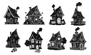 Çatılı, bacalı, pencereli, el çizimi şekilli kaprisli siyah ve beyaz ev siluetleri. şirin evler, peri evi, köy evi, fantezi kulübesi, ev silueti