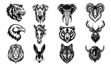 Siyah ve beyaz vektör kümeleri biçimlendirilmiş hayvan kafaları. Vahşi hayvanların detaylı siluetleri, yüksek kontrastlı çizimler. Hayvan logosu, vahşi hayvanlar, hayvan kafaları.
