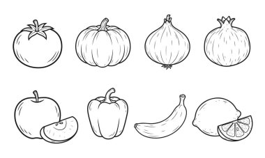 Çeşitli meyve ve sebze örnekleri: domates, balkabağı, soğan, nar, elma, dolma biber, muz, limon. Taze ürün, sağlıklı yiyecek, organik set, tarım hasadı, doğal malzemeler