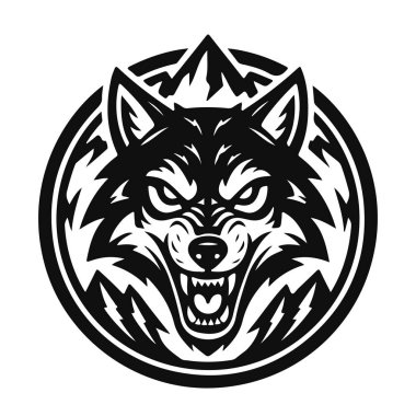 Sert kurt kafası logosu koyu siyah beyaz tarzında. Kurt logosu, vahşi hayvan, yırtıcı kafa.