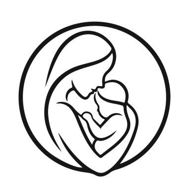 Bebeği dairesel çerçevede tutan asgari anne, anne sevgisi kavramı. Anne bebek, annelik ikonu, aile sevgisi