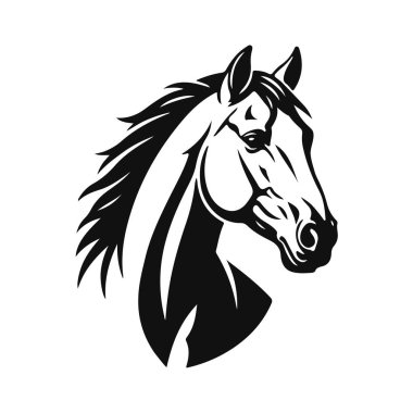 Akan yeleli siyah beyaz at kafası logosu. At logosu, hayvan kafası, aygır sembolü.