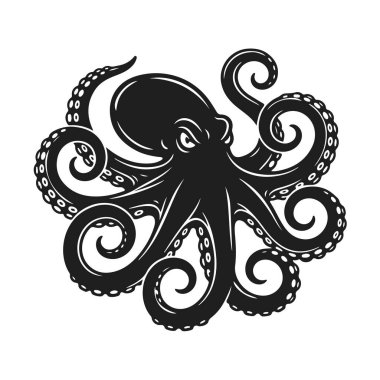 Ahtapot çizimi beyaz arka planda izole edilmiş. Kraken logosu, deniz canavarı, deniz canlısı, deniz hayvanı, dev mürekkep balığı.