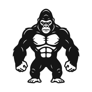 Güçlü bir gorilin temsili, saldırgan bir erkek lider silueti, beyaz arka planda izole edilmiş. Goril logosu, vahşi primat, spor amblemi, hayvan gücü, maymun kafası.